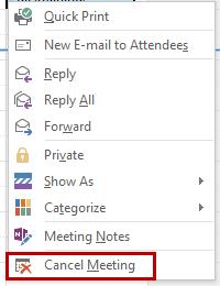 Right-click the calendar meeting you wish to delete.