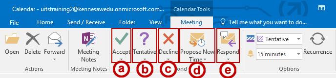 2. Additional options will appear in the Ribbon under the Calendar Tools Meeting tab: a. Accept: accept the meeting request and add it to your calendar (See Figure 37). b.