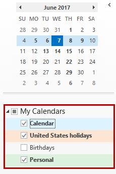 Show/Hide Calendars Calendars that you have access to view and/or edit are visible on the folder pane in the Calendar view.