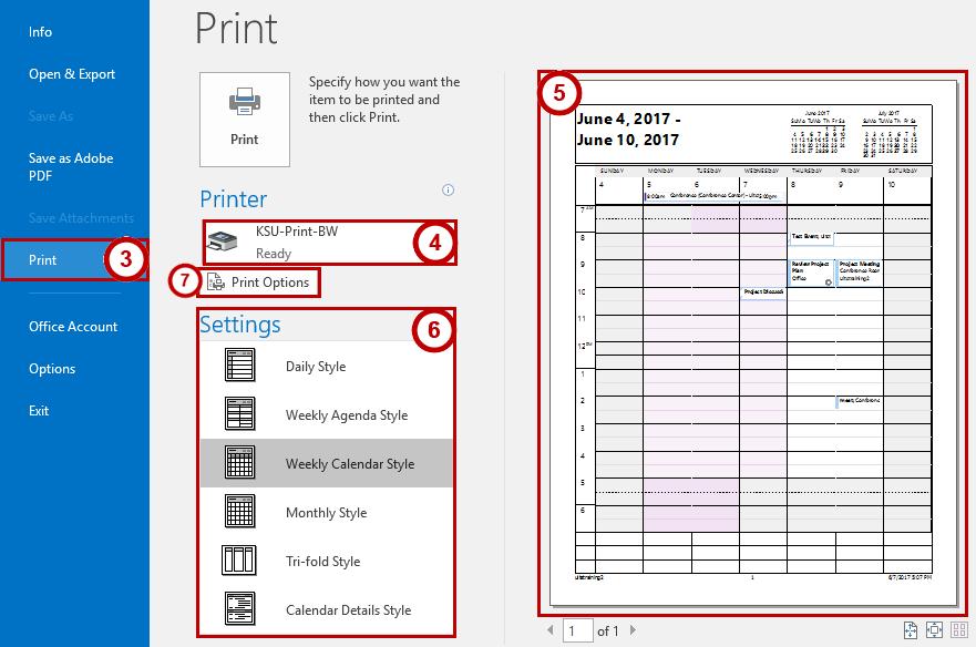 Figure 59 - Calendar View 3. The Backstage View opens. Click Print (See Figure 60). 4. Select a printer from your list of available printers (See Figure 60). 5. A preview of your calendar will display, showing you all calendar items that are visible on your calendar (See Figure 60).