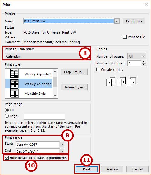 8. The Additional Print Options window will open. Under Print this calendar, select a calendar you wish to print out (See Figure 61).