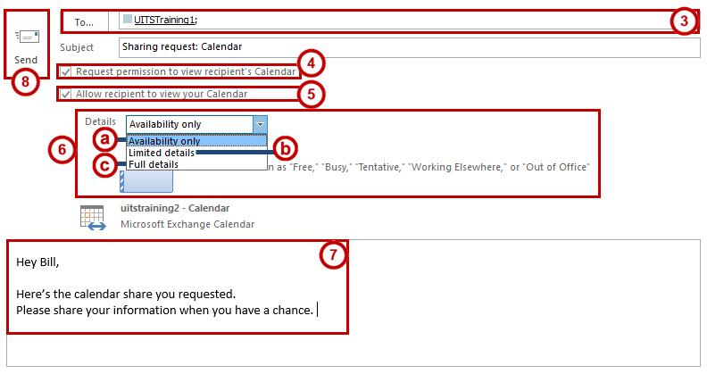 3. The Sharing Request window will appear. In the To field, type the name of the individual(s) you wish to send the calendar share to (See Figure 64). 4.