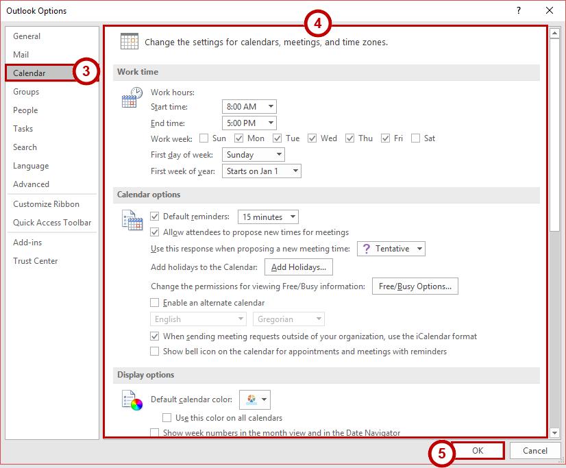 3. The Outlook Options window will open. Click Calendar (See Figure 74). 4. The Calendar Options will display. Here you can make your desired changes by setting the options displayed (See Figure 74).