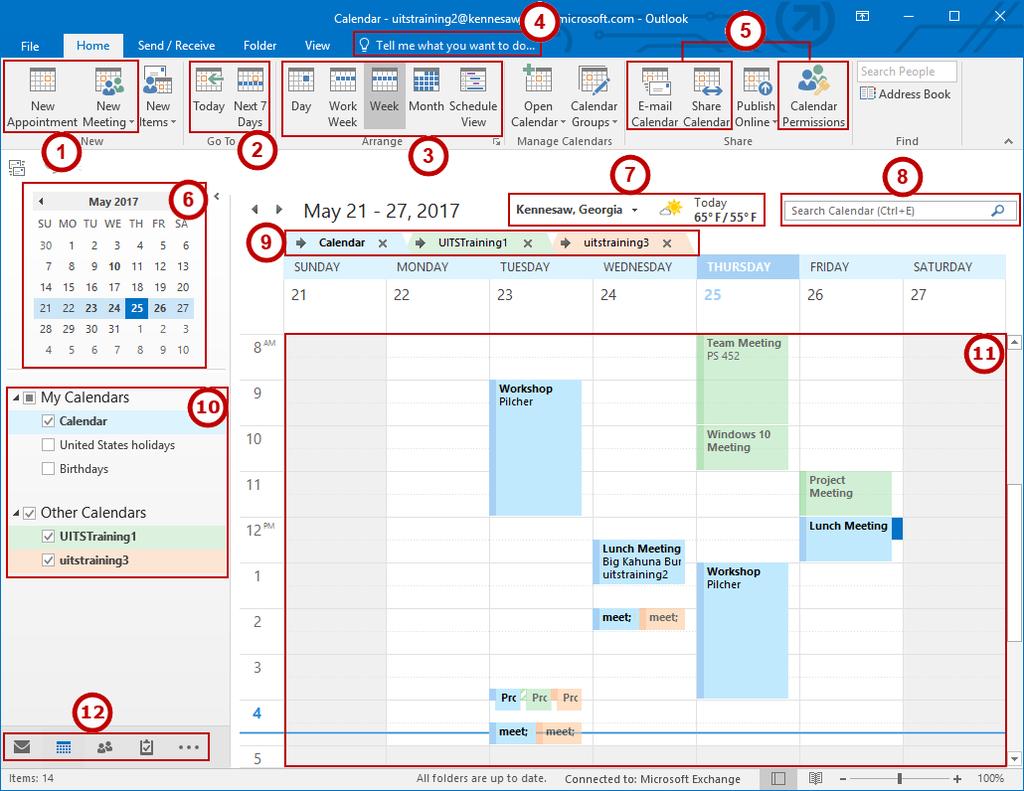 The Calendar Interface 1. New: Create a new appointment or new meeting (See Figure 1). 2. Go To: Move calendar to show today s events, or events for the next 7 days from today (See Figure 1). 3.