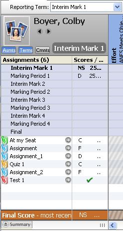 The Student View has three small buttons under the student s name. These three buttons turn on and off the Assignment list, the Term list and the Comments list.