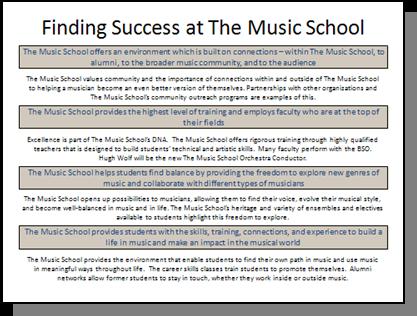 Designing Visual Support Sample Slides, continued Sample 2: The Music School The original slide was used during a marketing presentation to attract prospective students to a music school.