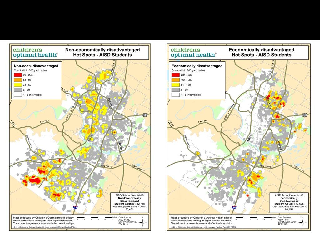 These maps reflect the neighborhood concentrations of families with children in the Austin Independent School District (AISD) according to economic status, based on free/reduced lunch criteria.