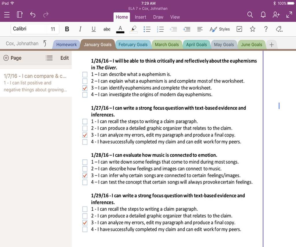 Student Learning Goals Using OneNote for students to track SLGs and evaluate themselves on a rubric Students have access to goals for the entire year