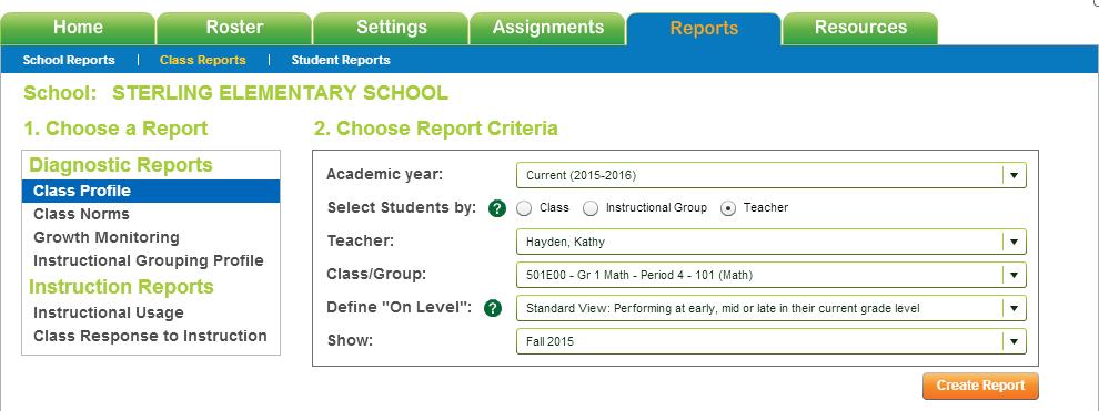 After Students Complete Diagnostic Assessment: Run Class Profile Report 1. Click on Reports tab 2. Choose Class Profile 3.