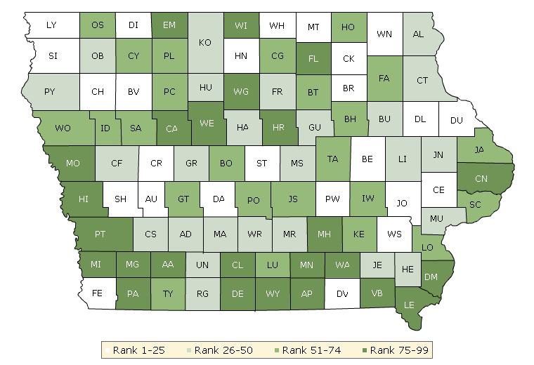The maps on this page display Iowa s counties divided into groups by health rank.