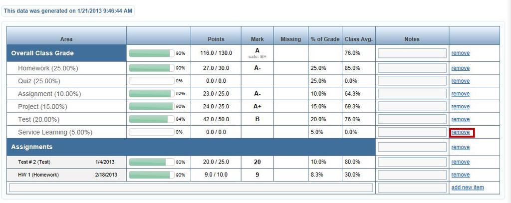 Click Generate All to produce/refresh progress reports for all students in the current class. OR Click Refresh This Report to produce/refresh data for the selected student.