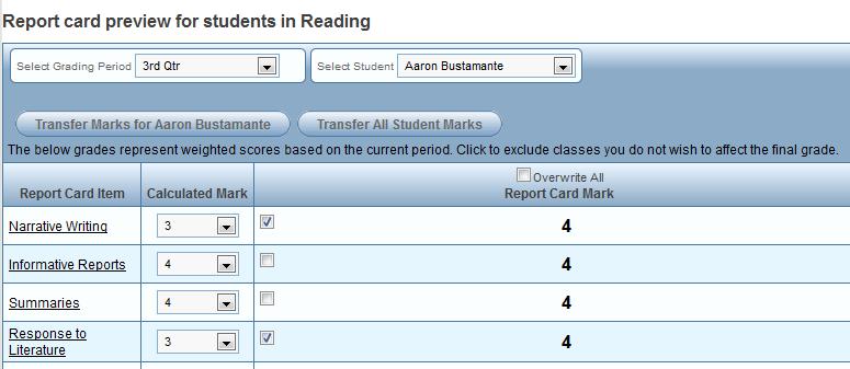Chapter Four Grade Book Elementary User Guide Overriding the Final Mark The final mark displayed on the Report Card Preview screen is the system-calculated score.