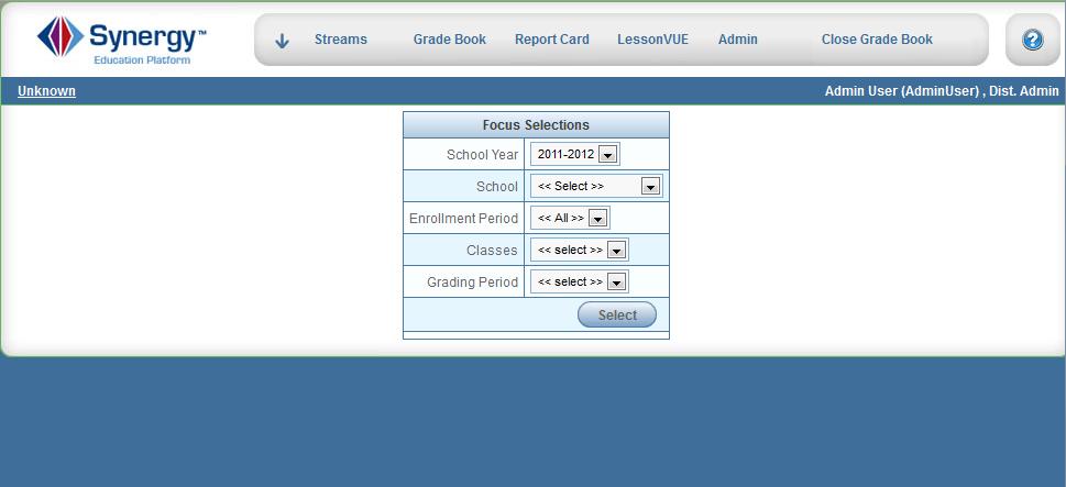 Grade Book Elementary User Guide Chapter One Figure 1.10 Grade Book Screen By default, the focus is not set to any class or grading period. A focus must be selected to view class grades.