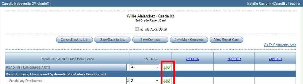 The Homeroom teacher can verify all marks entered for a student by viewing the Mark Entry screen.