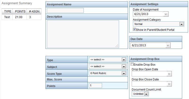 The New Assignment screen is accessed from the New Assignment option on the Grade Book menu or the New Assignment button on the Grade Book Main screen. Figure 3.