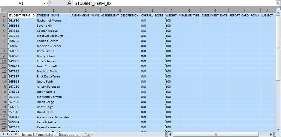 You can generate the Excel document from the Grade Book Import screen - student names and IDs are pre-populated in the document, along with a sheet providing instructions for completing the process.