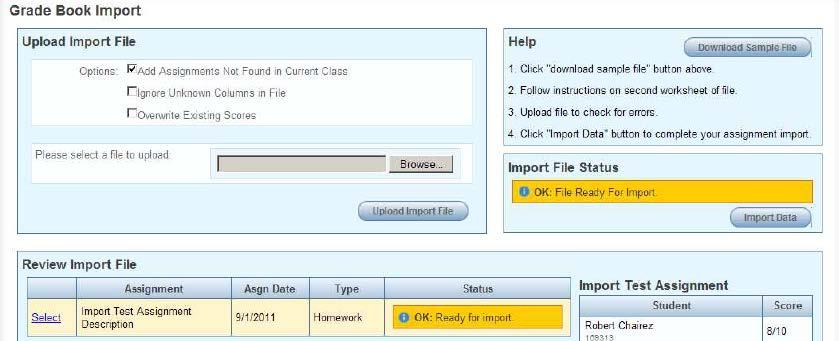 In the Import File Status box, each error displays, identifying the error and the row number where the error is located on the import file. Figure 3.16 - Grade Book Import screen 10.