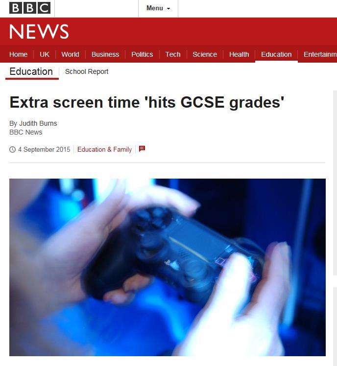 Extra screen time 'hits GCSE grades (Cambridge University) Last year researchers at Cambridge University recorded the activities of more than 800 14-year-olds and analysed their GCSE results at 16.