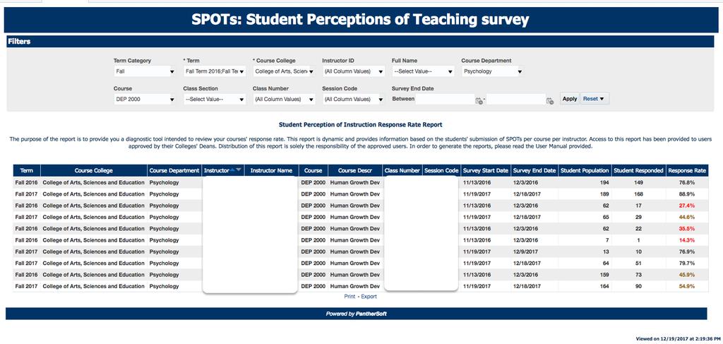 SPOTS Response Rate Report In addition to the Response Rate report in Campus Solutions, we have provided the capability to