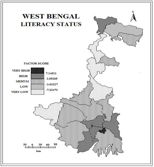 The areas of medium factor scores are also well distributed all over the state and cover most of the districts namely Dakshin Dinajpur, Murshidabad, Birbhum, Bardhhaman, Hugli, South 24 Paragans,
