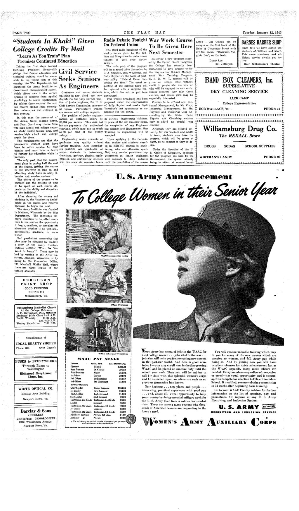 PAGE TWO THE FLA ; T HAT Tuesday, January 12, 1943 "Sudens In Khakf 3 Given College Credis..By Mail "Learn As You Train** Plan Promises Coninued.