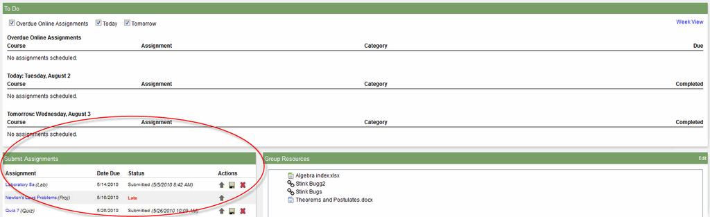Students can upload files for this assignment within that date range only. In the Student portal, they use the To Do or Submit Assignments widget on the Class page: 2.
