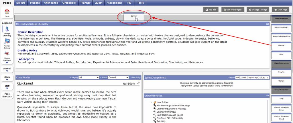 The Page Widgets menu appears: Scroll down to find Submit Assignments. Click and drag the Submit Assignments widget and place it on the Class page where you want it to appear. Click View Page.
