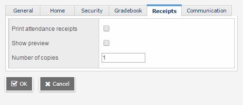 3. Select the Print attendance receipts checkbox if a receipt should print when attendance is entered on the Office Input page. 4.