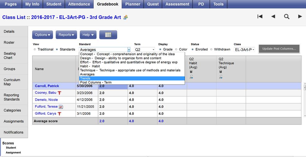 4. At the top of the page, select the Standards View. 5. From the Standards drop-down, select Trends. For each student, a column with the student's current Trend score appears for each standard.