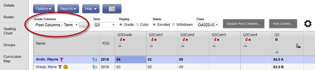 The averages appear in columns with the Calculator icon in the grade column header: As the teacher, you own the averages columns on the Scores side-tab (just as you would in a leather-bound paper