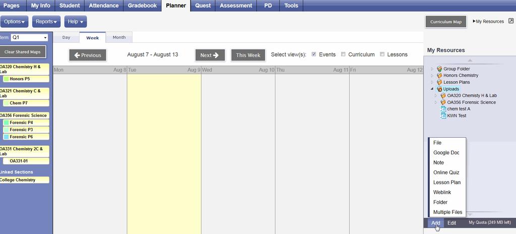 Note: Click My Resources again to close the My Resources window. My Resources includes folders for organizing content.