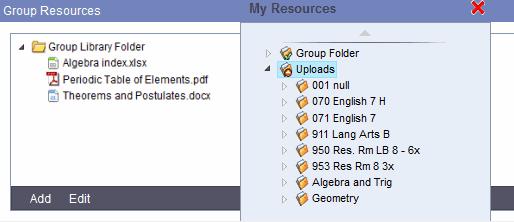 Notes: Uploading or copying files into My Resources makes it easy to share documents with all of the groups/pages that you administer.