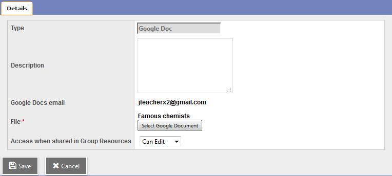 7. Select Google Doc. The Google Docs Details pop-up appears: Note: You can type a description of the file in the Description field. 8. Click Select Google Document.