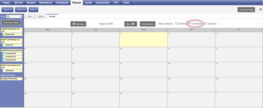 You can also create and follow lesson plans separate from your district's curriculum map and lesson plans by using the Lessons view on your Planner.