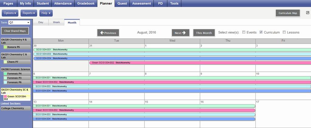 In the upper-right corner of the screen, select the Curriculum checkbox: Colored bars appear on each day to represent map topics (units) to cover and lesson plans to use for each day for each of your