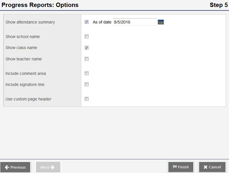 6. Select the grades you want to include on the Progress Report, and then click Next. Step 4 of the wizard appears: 7. Type a message you want to include on the Progress Report, and then click Next.