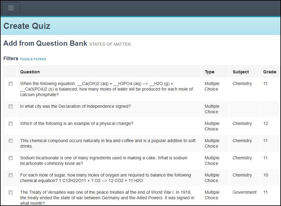 Use Questions from the Question Bank in Aspen IMS Mobile All questions in the bank appear. To filter the list by keyword, question type, subject, and grade level, tap Toggle Filters.