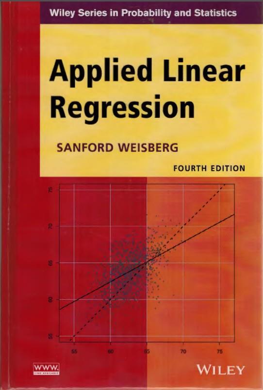 Required Textbooks: Weisberg, Sanford (2014). Applied linear regression (4th Ed.) Hoboken, NJ: John Wiley & Sons, Inc. Available in hardback from Amazon.