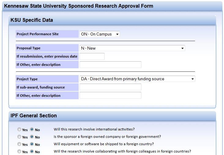 Figure 24 - Site Specific Data Tab 2. The Kennesaw State University Sponsored Research Approval Form screen appears.