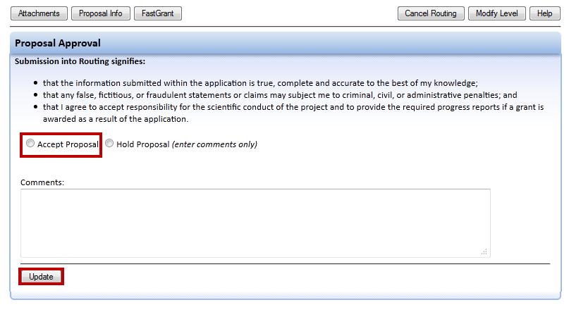 your own proposal (see Figure 65). Figure 65 - Accept Proposal and Update to approve your proposal a.