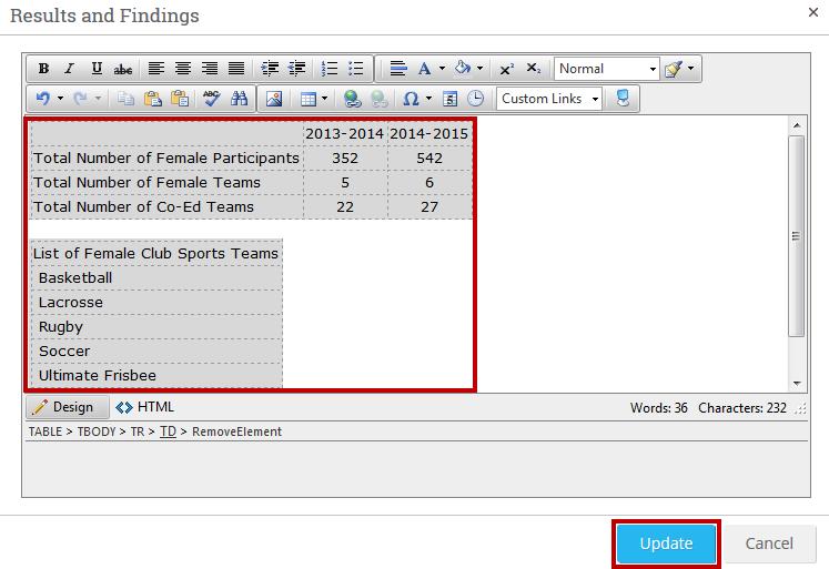 4. A text editor will appear. Enter any information related to your results and findings, then click Update.