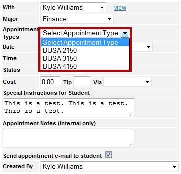 6. Select the type of Appointment in the Appointment Types dropdown (see