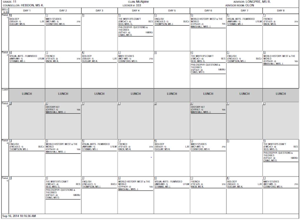Student Schedule sample: