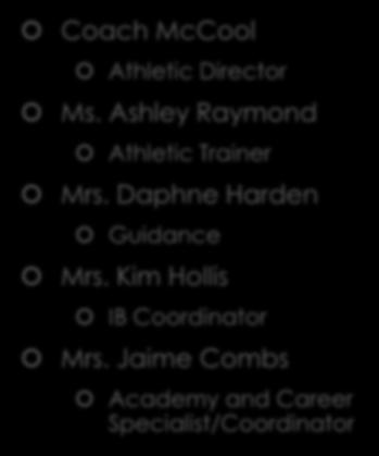 Vanessa Power Registrar Mrs. Jaqueline Ashcroft Dean Coach McCool Athletic Director Ms.