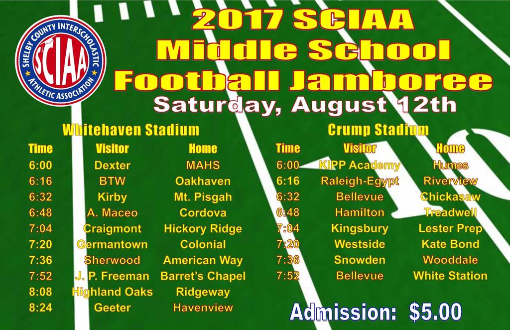 2915 Upcoming Events August 12 th -SCIAA Middle School Football Jamboree August 19 th -SCIAA Middle School Volleyball Jamboree August 19 th - Whitehaven Football Classic August 26 th -North vs.