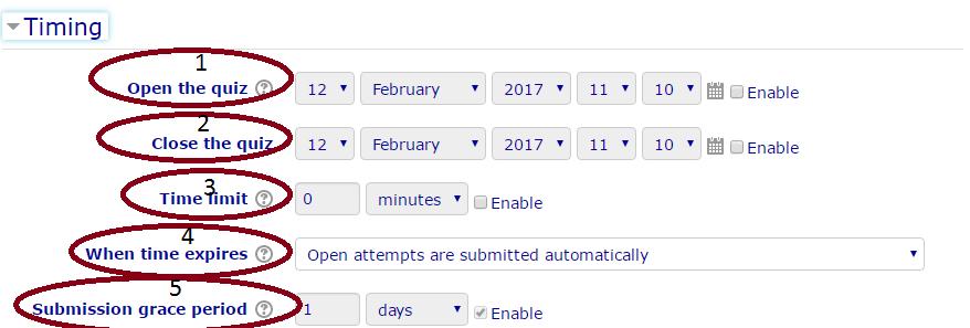 2)Timing (click to expand): 1 Open the Quiz: this setting allows you to specify times (date and hour) when the quiz is accessible for students to make attempts 2 Close the quiz after the closing