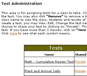 Public Tests Teachers can opt to share tests with others: On the TEST ADMINISTRATION page, click the PRIVATE link next to