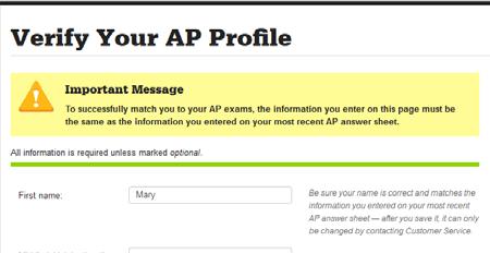 After you log in to your College Board account, you will need to verify your AP information.