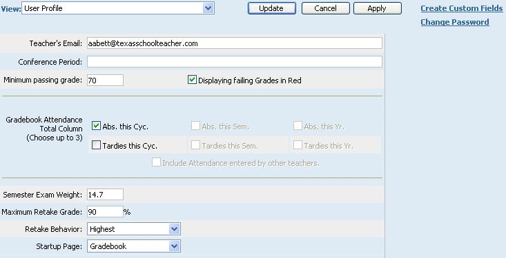 Managing the Gradebook: 2. To modify your Teacher Preferences, click your name on the left side of the page.