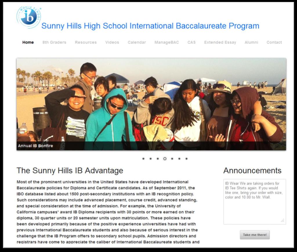 The Sunny Hills IB Website-link on front page